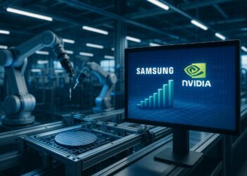 Interior de planta tecnológica con brazos robóticos y monitor que muestra colaboración Samsung-Nvidia.