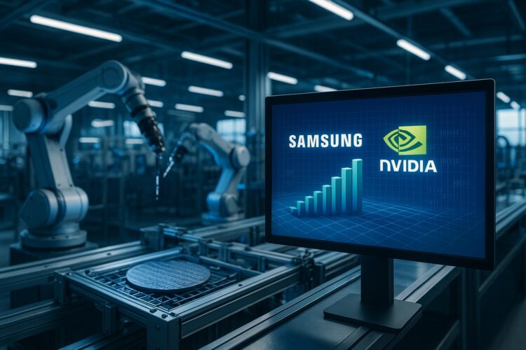 Interior de planta tecnológica con brazos robóticos y monitor que muestra colaboración Samsung-Nvidia.