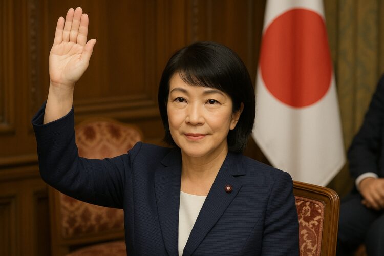 Sanae Takaichi levanta la mano en el parlamento japonés con fondo institucional y bandera nacional