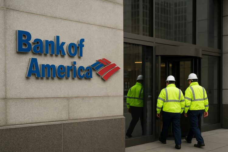 Exterior de sede de Bank of America con logo visible y técnicos entrando al edificio