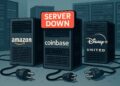 Ilustración de servidores desconectados con logotipos de Amazon, Coinbase, Disney+ y United Airlines en un centro de datos en penumbra