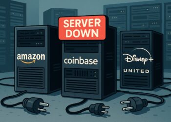 Ilustración de servidores desconectados con logotipos de Amazon, Coinbase, Disney+ y United Airlines en un centro de datos en penumbra