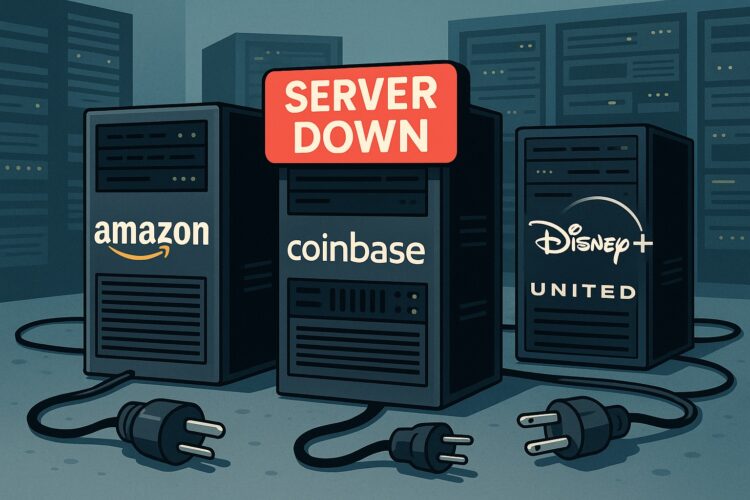 Ilustración de servidores desconectados con logotipos de Amazon, Coinbase, Disney+ y United Airlines en un centro de datos en penumbra