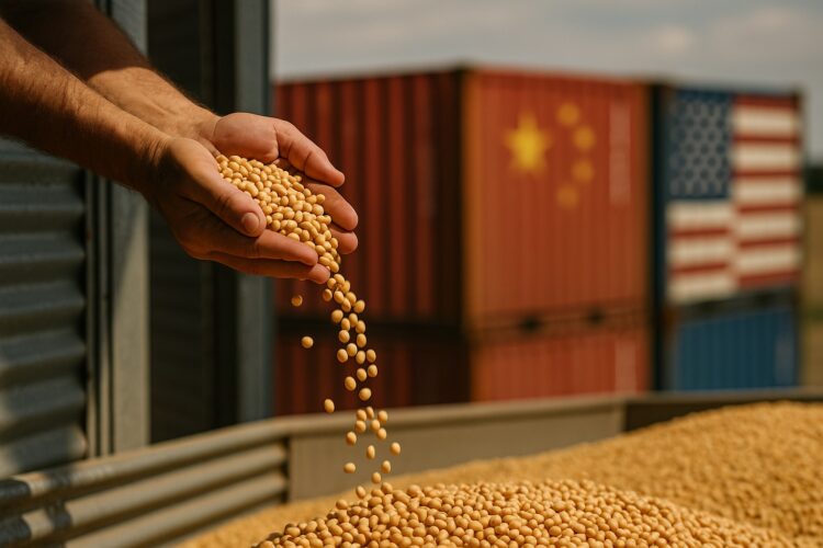 Mano sostiene y vierte granos de soja frente a contenedores con banderas de China y Estados Unidos.