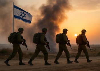 Cuatro soldados israelíes marchan en fila con mochilas y rifles mientras el humo se disipa al atardecer.