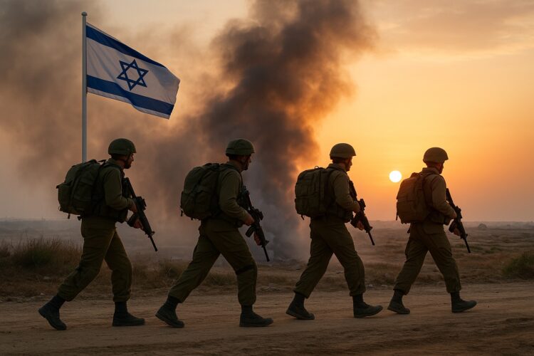 Cuatro soldados israelíes marchan en fila con mochilas y rifles mientras el humo se disipa al atardecer.