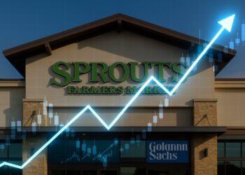 Fachada de una tienda Sprouts Farmers Market con gráficos ascendentes de cotización bursátil integrados visualmente.