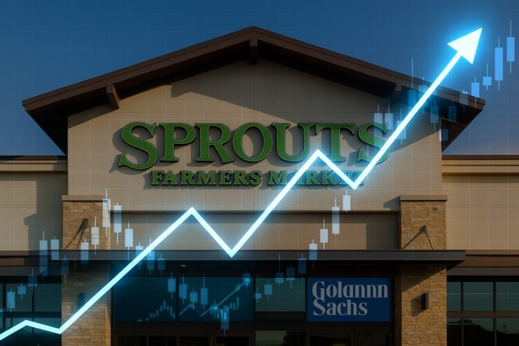 Fachada de una tienda Sprouts Farmers Market con gráficos ascendentes de cotización bursátil integrados visualmente.