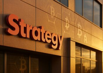 Fachada corporativa de Strategy con su logotipo grande y reflejos sutiles que evocan Bitcoin.