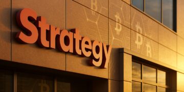 Fachada corporativa de Strategy con su logotipo grande y reflejos sutiles que evocan Bitcoin.