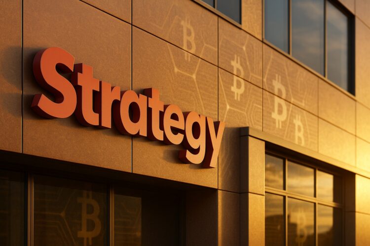 Fachada corporativa de Strategy con su logotipo grande y reflejos sutiles que evocan Bitcoin.