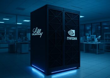 Supercomputadora con logotipos de Eli Lilly y Nvidia en laboratorio farmacéutico con luz azul y equipos científicos