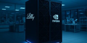 Supercomputadora con logotipos de Eli Lilly y Nvidia en laboratorio farmacéutico con luz azul y equipos científicos
