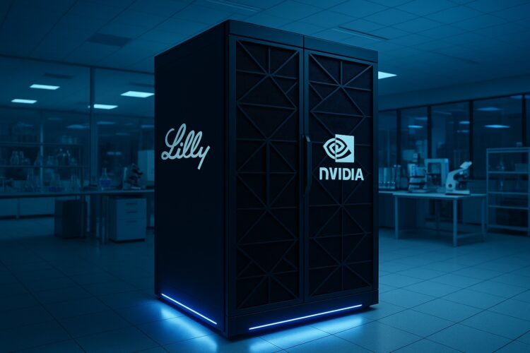 Supercomputadora con logotipos de Eli Lilly y Nvidia en laboratorio farmacéutico con luz azul y equipos científicos