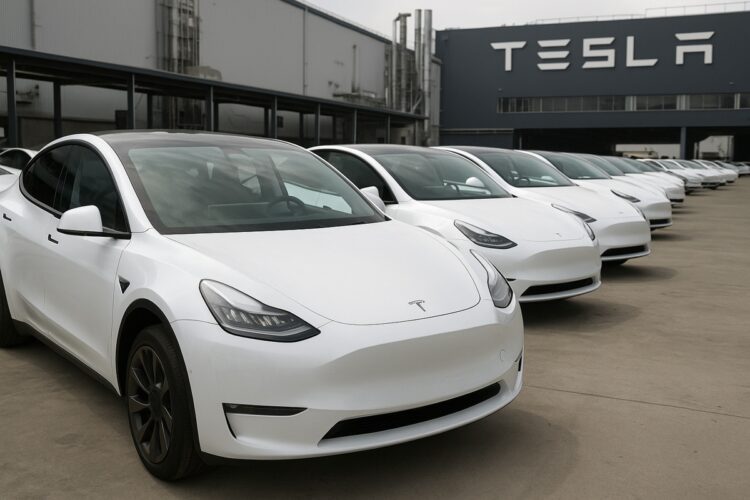 Fila de vehículos Tesla estacionados en planta de producción tras aumento de entregas trimestrales.