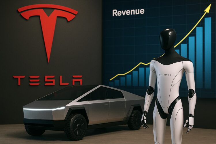 Robot Optimus junto a vehículo Tesla Cybercab frente a gráfico financiero ascendente y logo de Tesla