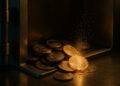 Bóveda corporativa con monedas digitales desintegrándose, símbolo de corrección cripto.
