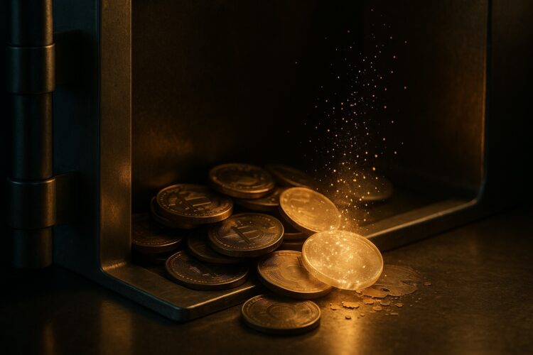Bóveda corporativa con monedas digitales desintegrándose, símbolo de corrección cripto.