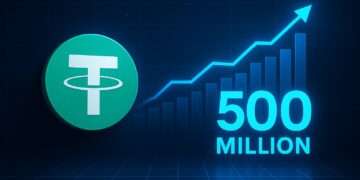 Logo de Tether con gráfico ascendente azul y cifra de 500 millones en fondo tecnológico