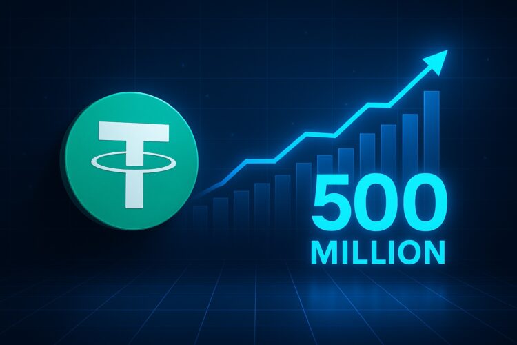 Logo de Tether con gráfico ascendente azul y cifra de 500 millones en fondo tecnológico
