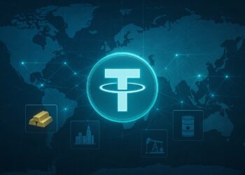 Logo de Tether integrado en mapa mundial con nodos que vinculan cripto con oro, inmuebles y petróleo