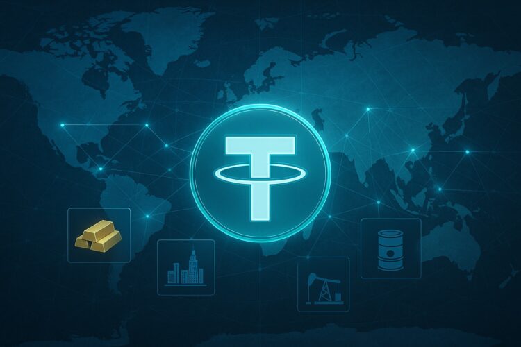 Logo de Tether integrado en mapa mundial con nodos que vinculan cripto con oro, inmuebles y petróleo