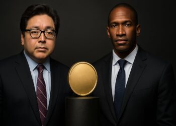 Tom Lee y Arthur Hayes posan frente a una moneda metálica que simboliza el ascenso de un activo.
