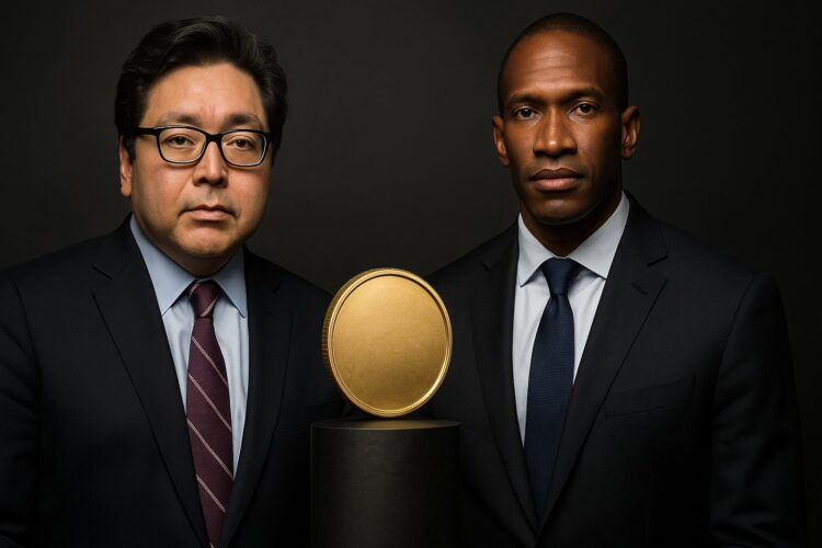 Tom Lee y Arthur Hayes posan frente a una moneda metálica que simboliza el ascenso de un activo.