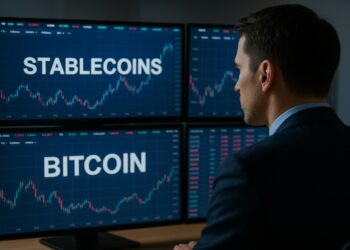 Fotografía editorial de un trader observando pantallas con gráficos de stablecoins y Bitcoin en oficina moderna