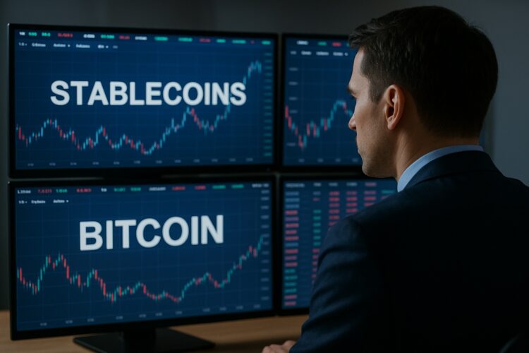 Fotografía editorial de un trader observando pantallas con gráficos de stablecoins y Bitcoin en oficina moderna