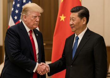 La tregua Trump-Xi muestra a ambos líderes estrechando manos en un entorno diplomático realista.