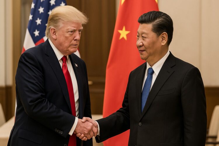 La tregua Trump-Xi muestra a ambos líderes estrechando manos en un entorno diplomático realista.