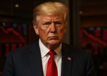 Donald Trump en primer plano con fondo rojizo que refleja la caída del mercado global.