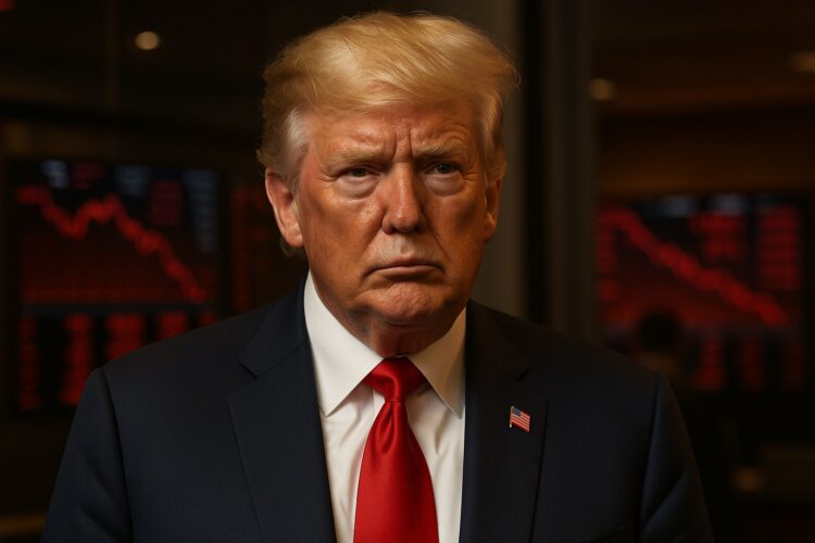 Donald Trump en primer plano con fondo rojizo que refleja la caída del mercado global.