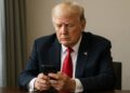 Donald Trump sentado en un entorno sobrio revisa su portafolio cripto en un teléfono móvil.