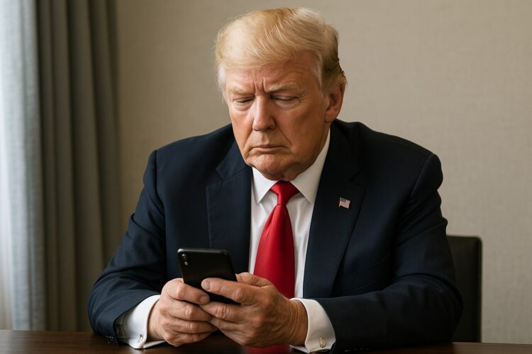 Donald Trump sentado en un entorno sobrio revisa su portafolio cripto en un teléfono móvil.