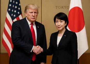 Donald Trump y Sanae Takaichi se dan la mano frente a las banderas de EE. UU. y Japón en un entorno diplomático