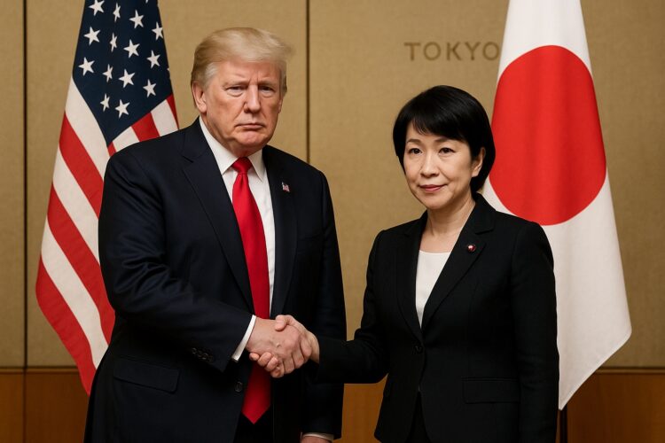 Donald Trump y Sanae Takaichi se dan la mano frente a las banderas de EE. UU. y Japón en un entorno diplomático