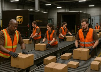 Trabajadores de UPS con chalecos naranjas mueven cajas neutras en cinta transportadora dentro de un almacén industrial