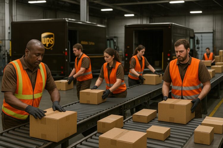 Trabajadores de UPS con chalecos naranjas mueven cajas neutras en cinta transportadora dentro de un almacén industrial