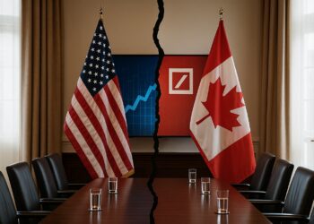 Banderas de Estados Unidos y Canadá separadas por línea divisoria en sala diplomática con mesa y cortinas beige