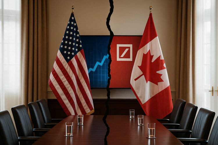 Banderas de Estados Unidos y Canadá separadas por línea divisoria en sala diplomática con mesa y cortinas beige