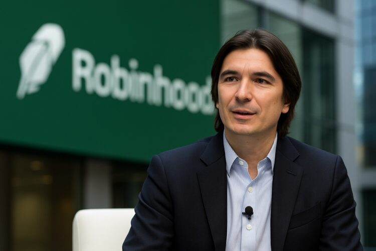 Vlad Tenev, CEO de Robinhood, en entorno corporativo hablando sobre tokenización de activos.