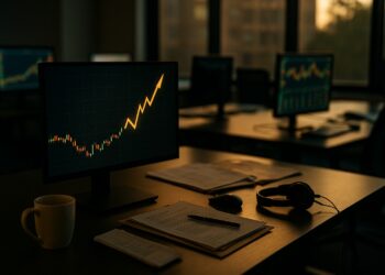Sala de trading vacía con pantallas encendidas que reflejan calma en medio del repunte de VOO.