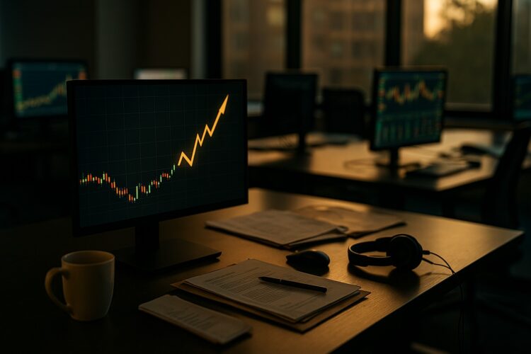Sala de trading vacía con pantallas encendidas que reflejan calma en medio del repunte de VOO.