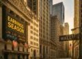 Panorámica de Wall Street al atardecer con edificios iluminados y tickers digitales mostrando precios bursátiles.