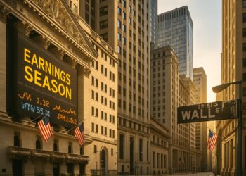 Panorámica de Wall Street al atardecer con edificios iluminados y tickers digitales mostrando precios bursátiles.
