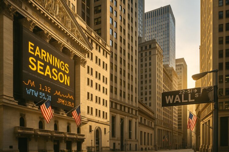 Panorámica de Wall Street al atardecer con edificios iluminados y tickers digitales mostrando precios bursátiles.