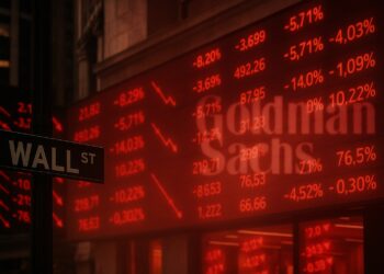 Pantallas rojas de cotizaciones en Wall Street con el logo difuminado de Goldman Sachs al fondo