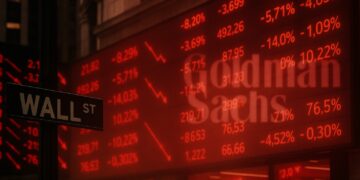 Pantallas rojas de cotizaciones en Wall Street con el logo difuminado de Goldman Sachs al fondo